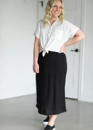 A-line Black Elastic Waist Midi Skirt - FINAL SALE