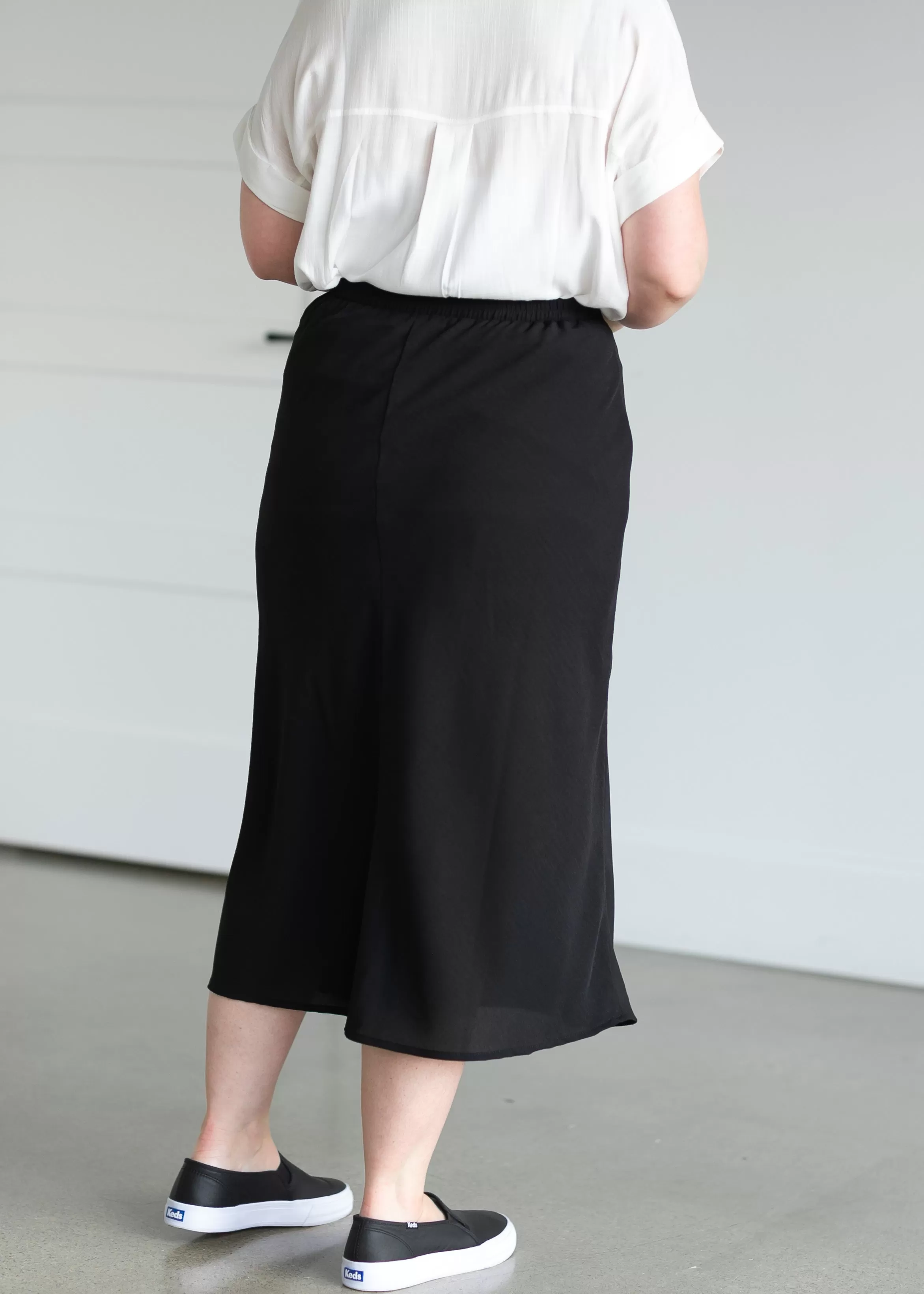 A-line Black Elastic Waist Midi Skirt - FINAL SALE