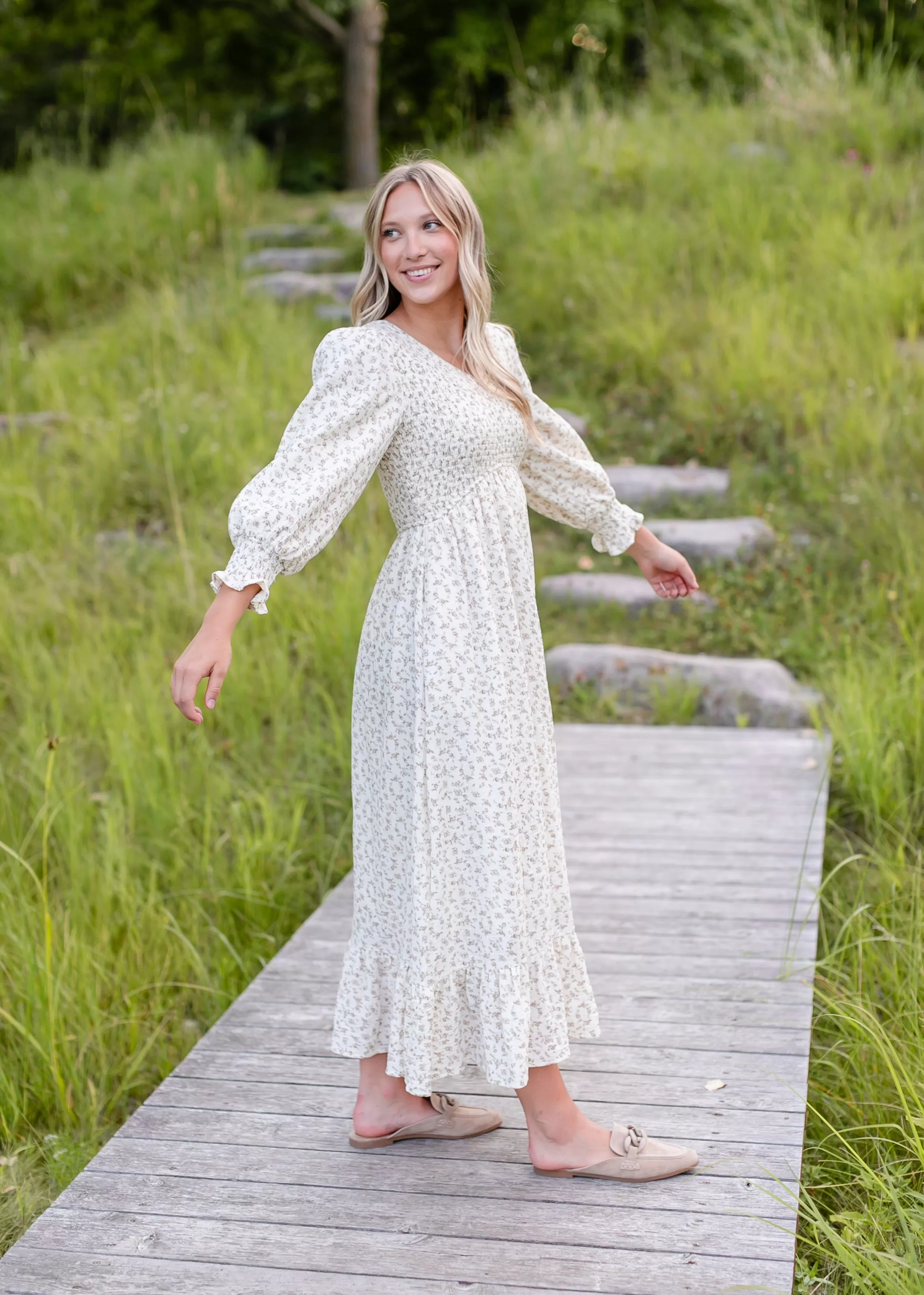 Ariella Long Sleeve Floral Smocked Maxi Dress - FINAL SALE