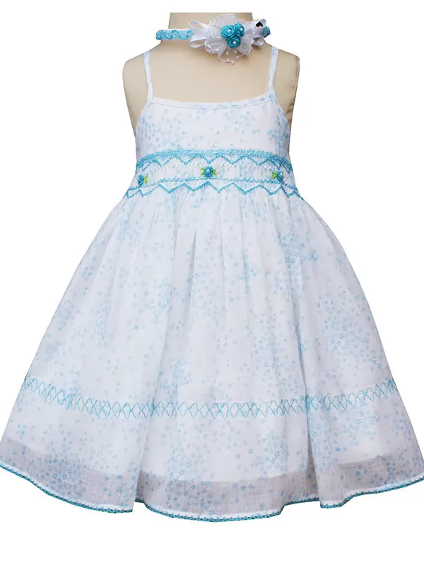 Baby Girls White Floral Turquoise Hand Smocked Summer Dress