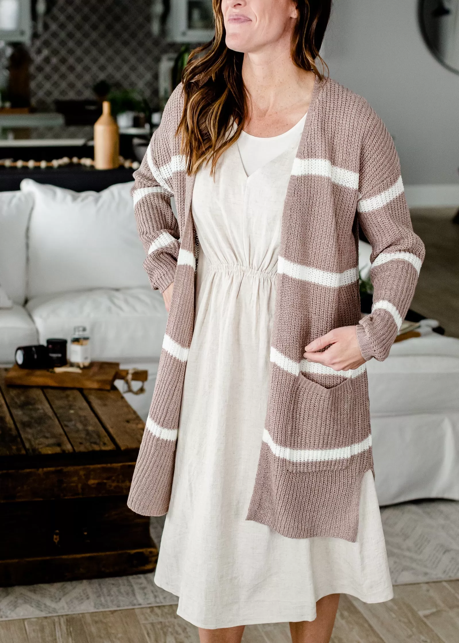 Basic Striped Light Weight Mocha Cardigan - FINAL SALE