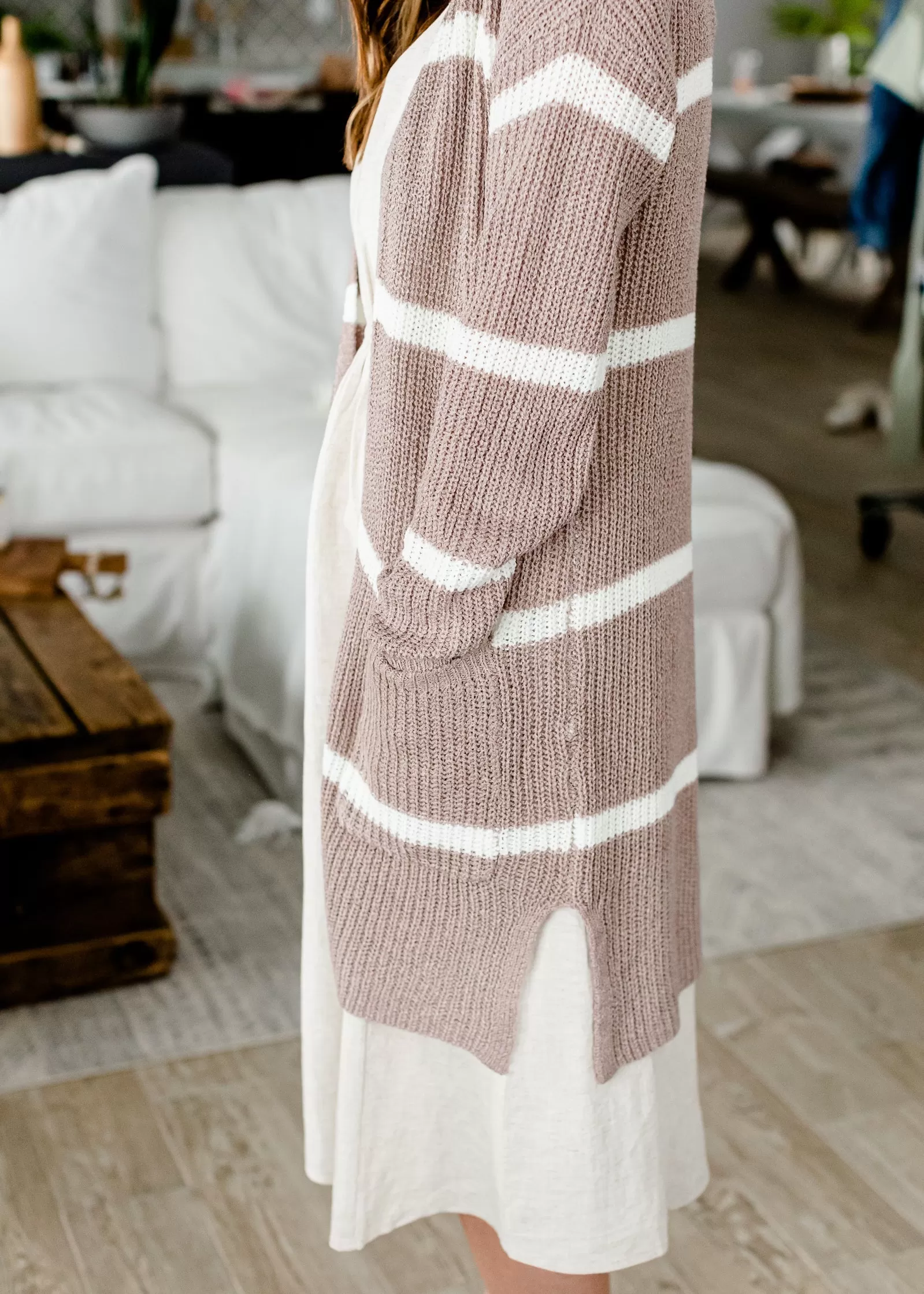 Basic Striped Light Weight Mocha Cardigan - FINAL SALE