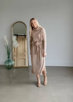 Belted Cowl Turtle Neck Knit Midi Dress