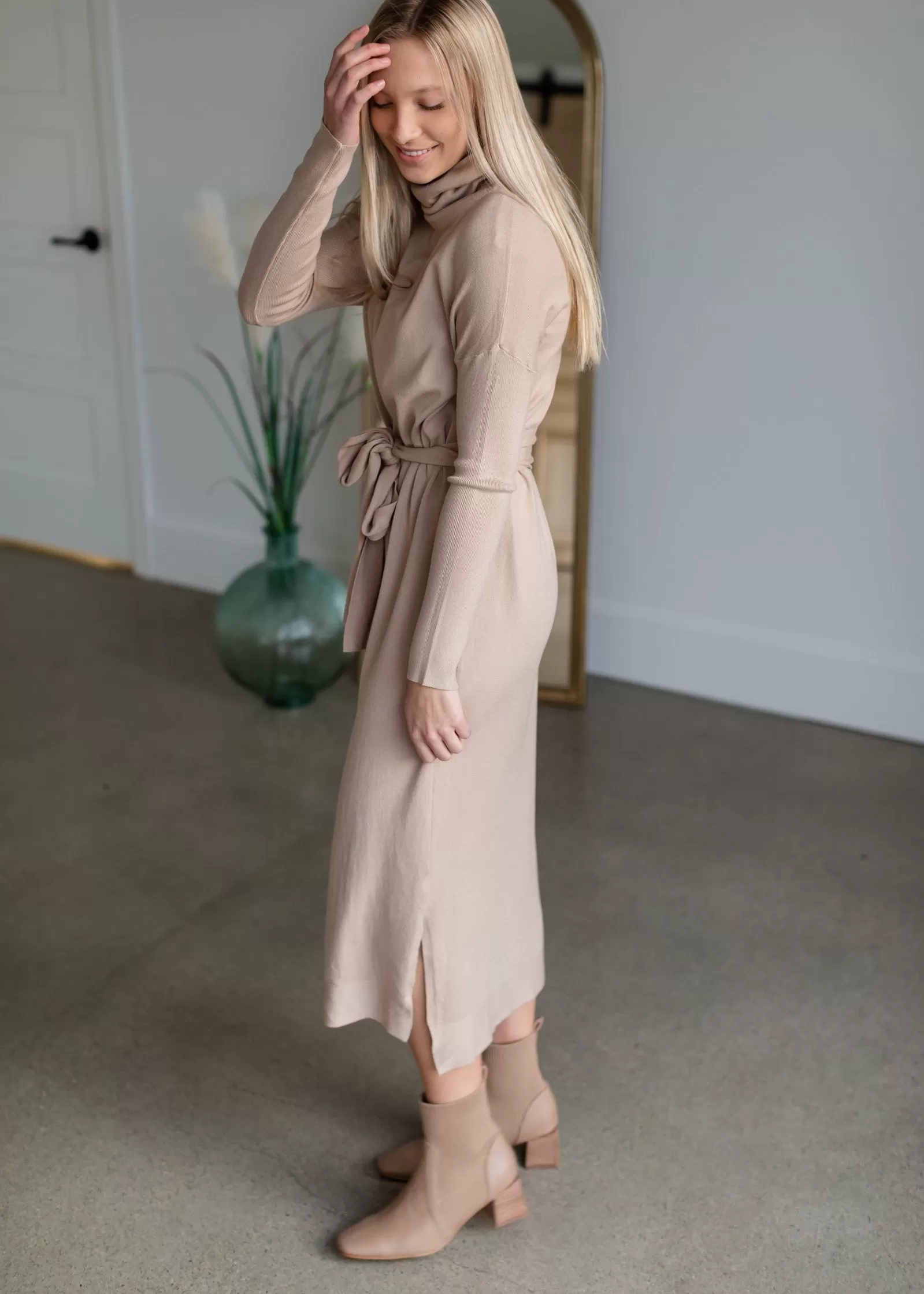 Belted Cowl Turtle Neck Knit Midi Dress