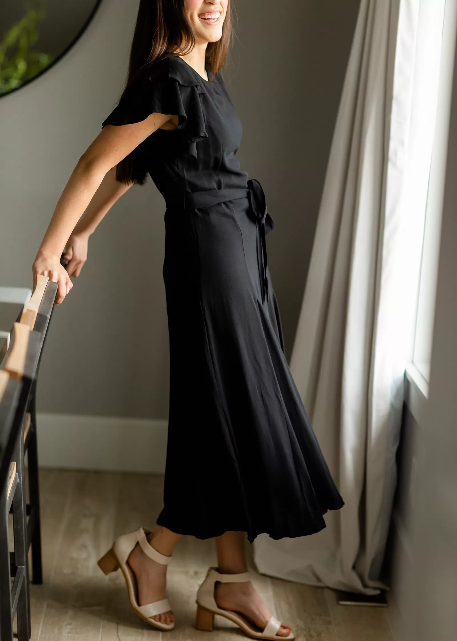 Black Flutter Sleeve Tie Waist Maxi Dress