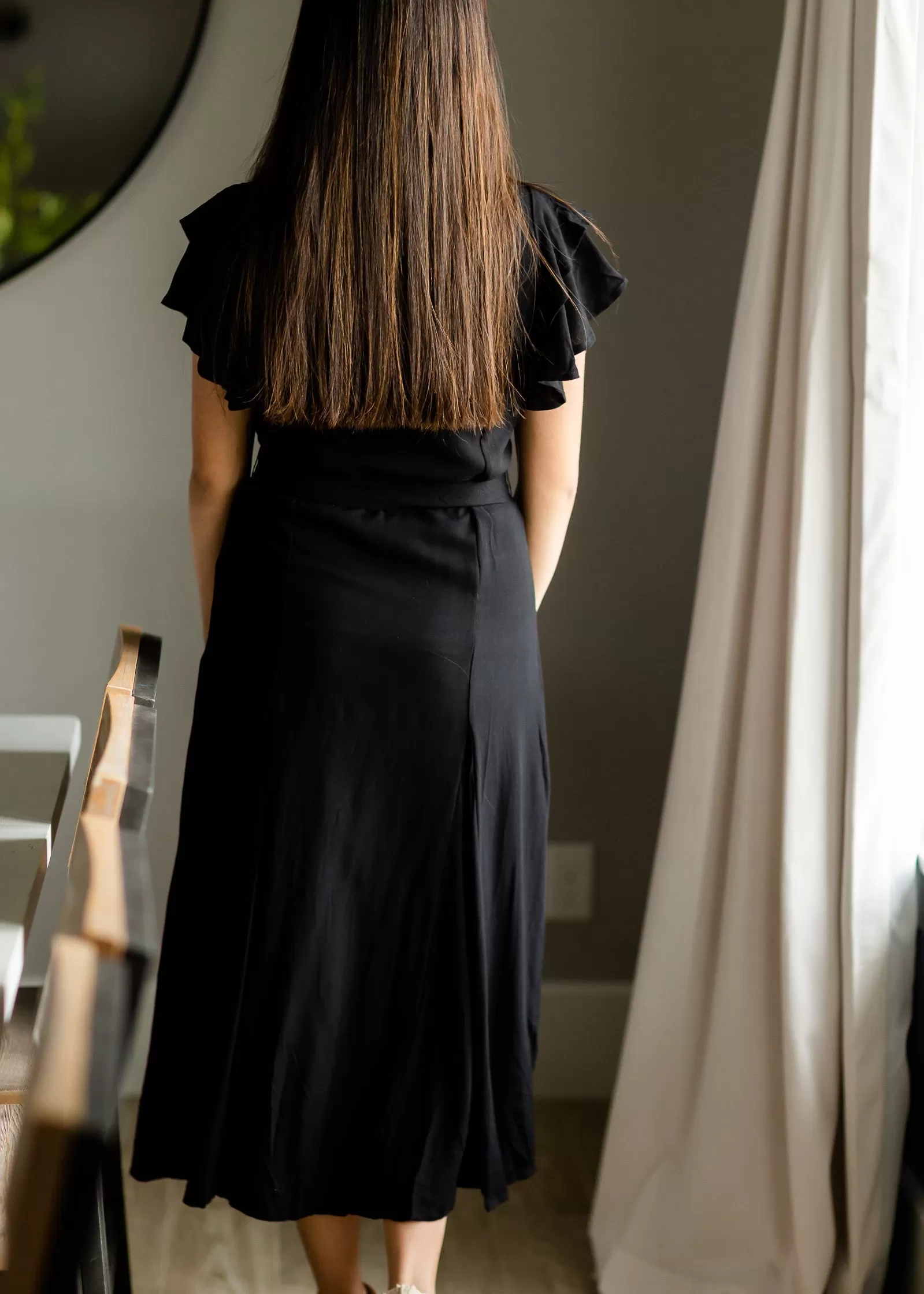 Black Flutter Sleeve Tie Waist Maxi Dress