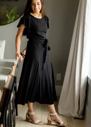 Black Flutter Sleeve Tie Waist Maxi Dress