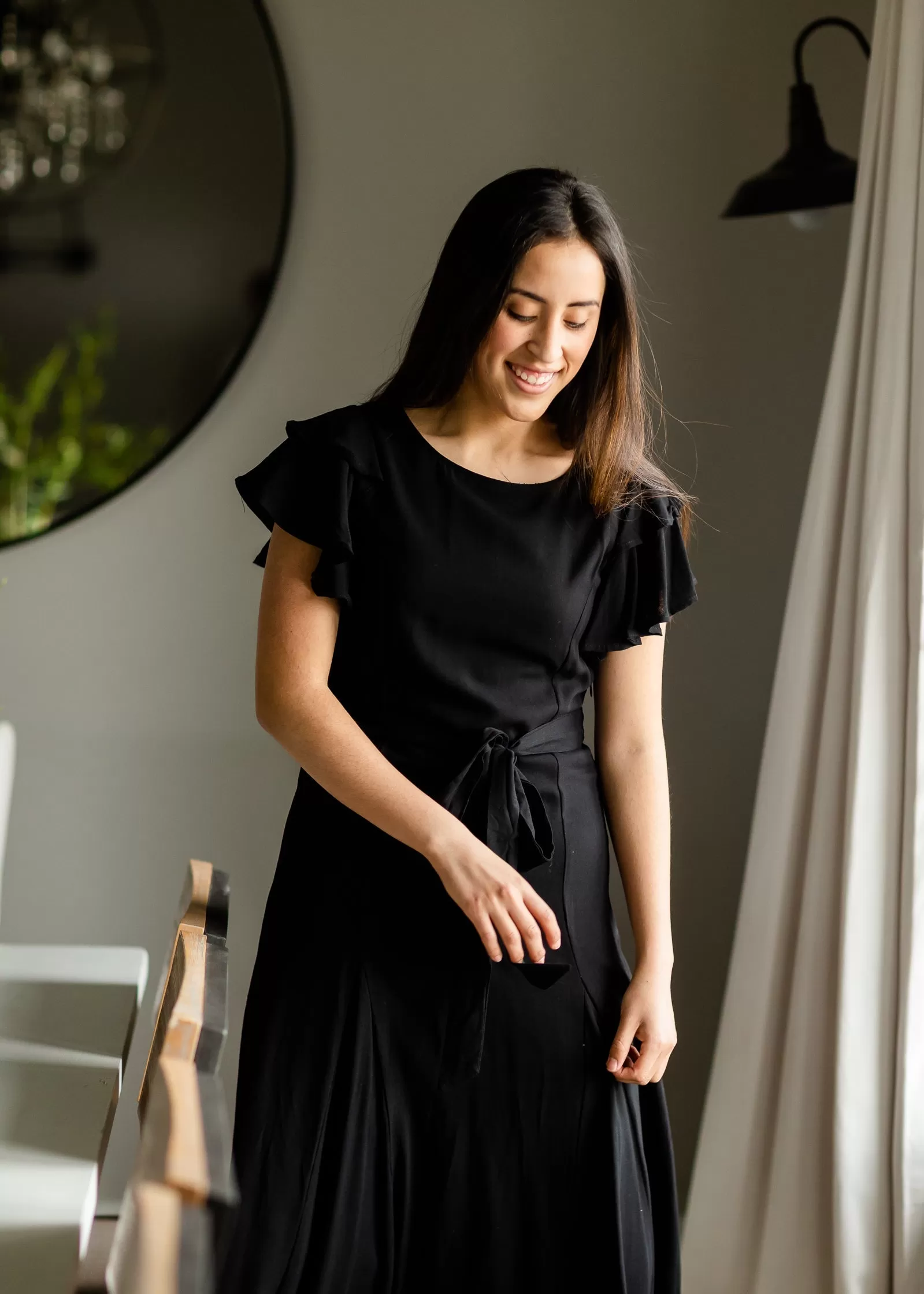 Black Flutter Sleeve Tie Waist Maxi Dress