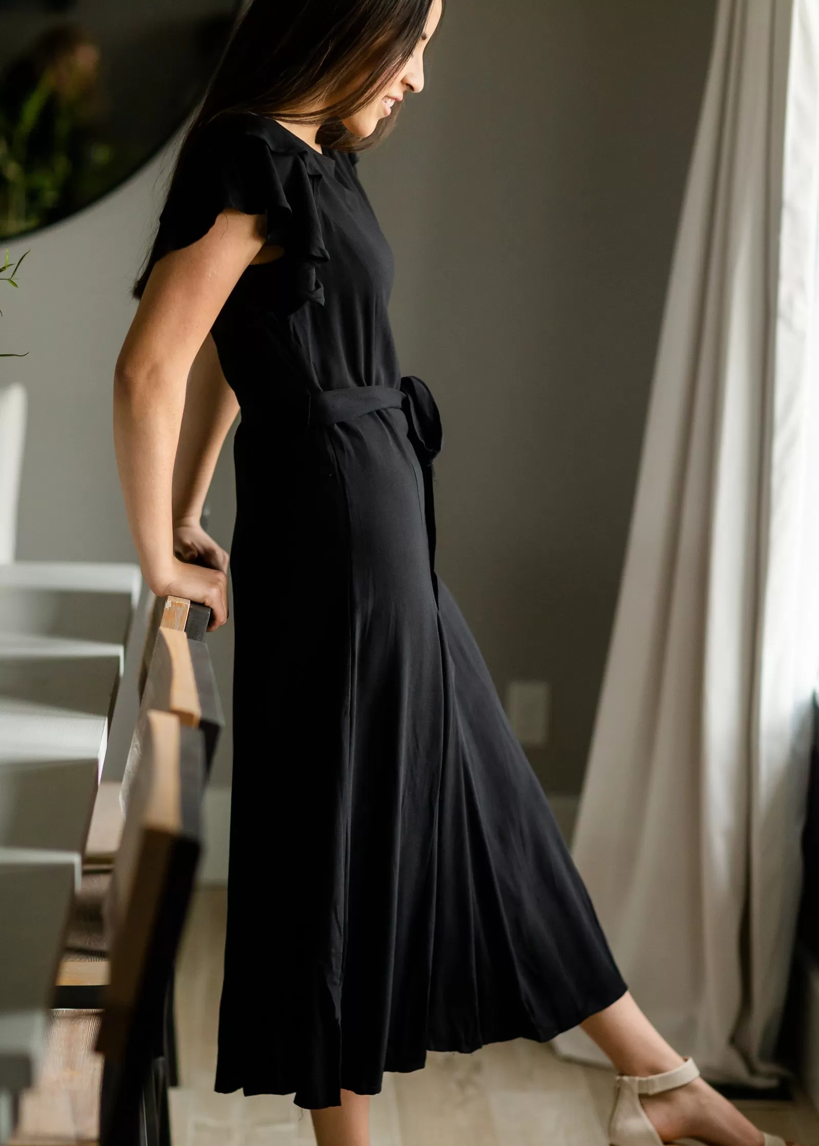 Black Flutter Sleeve Tie Waist Maxi Dress