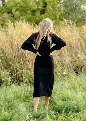 Black Mock Neck Balloon Sleeve Ribbed Midi Dress - FINAL SALE