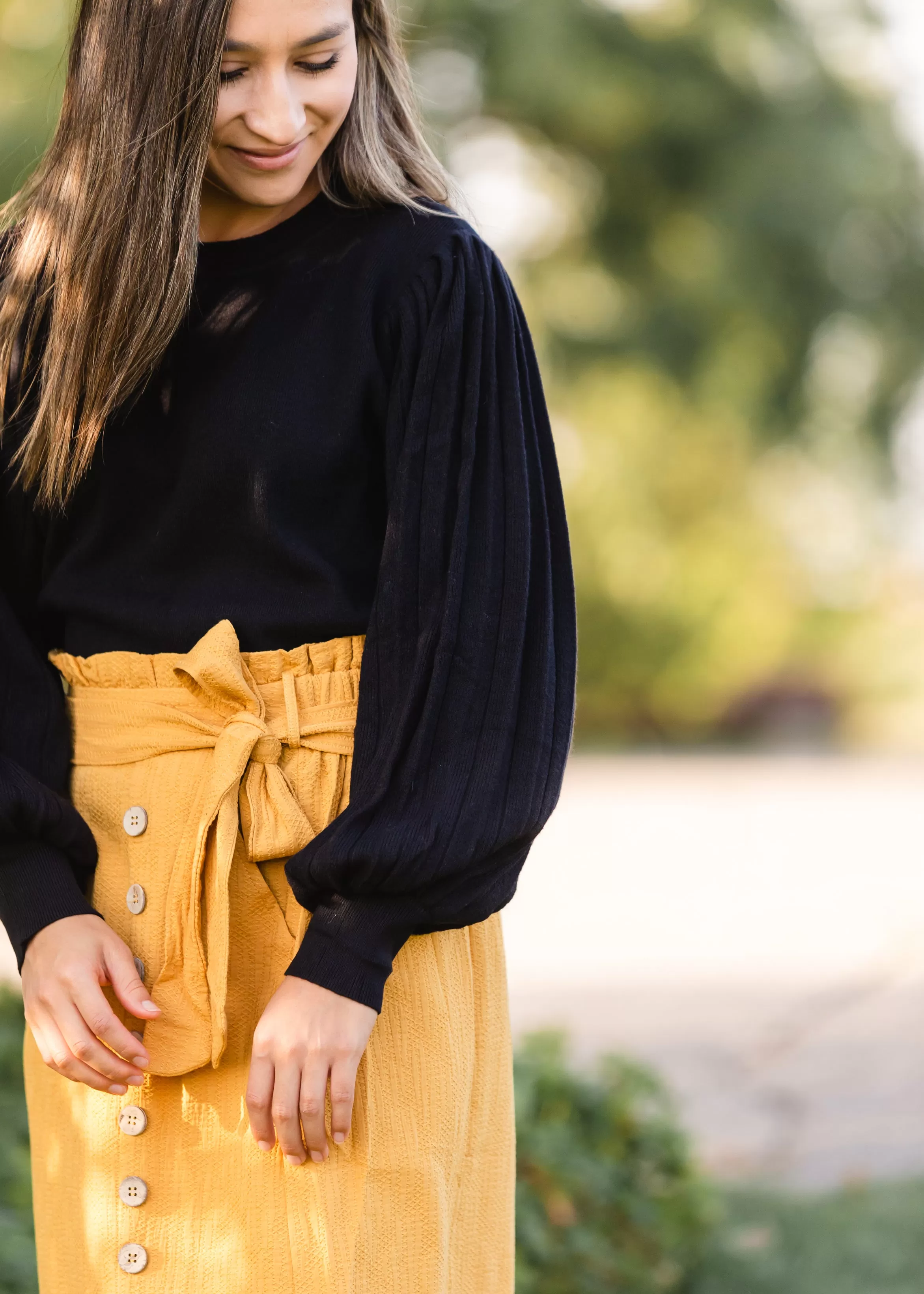 Black Pleated Sleeve Crewneck Sweater