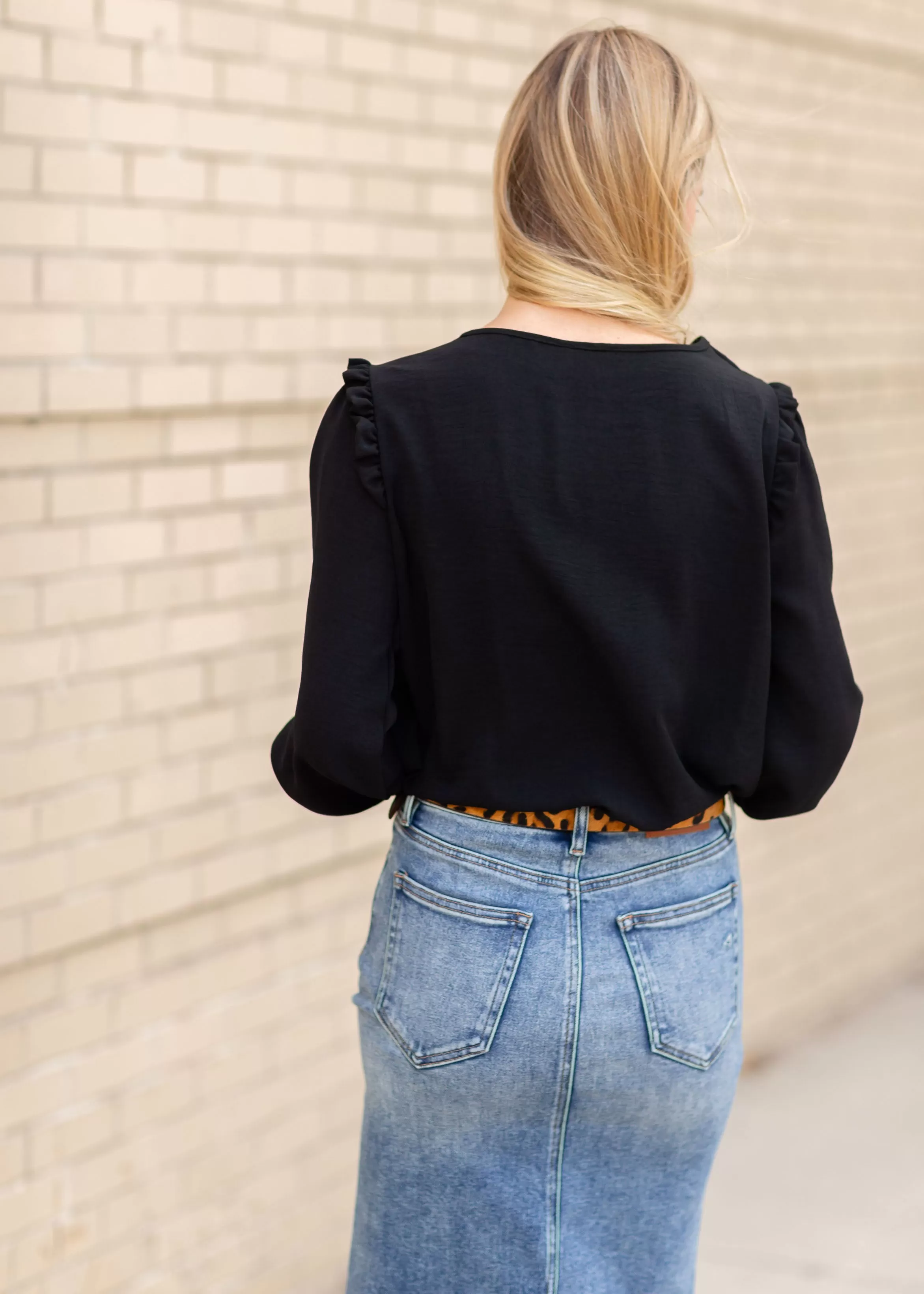 Black Ruffled Long Sleeve Top