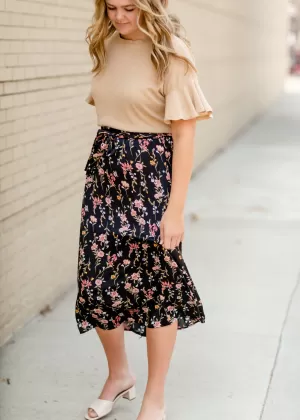 Black Satin Floral Midi Skirt - FINAL SALE