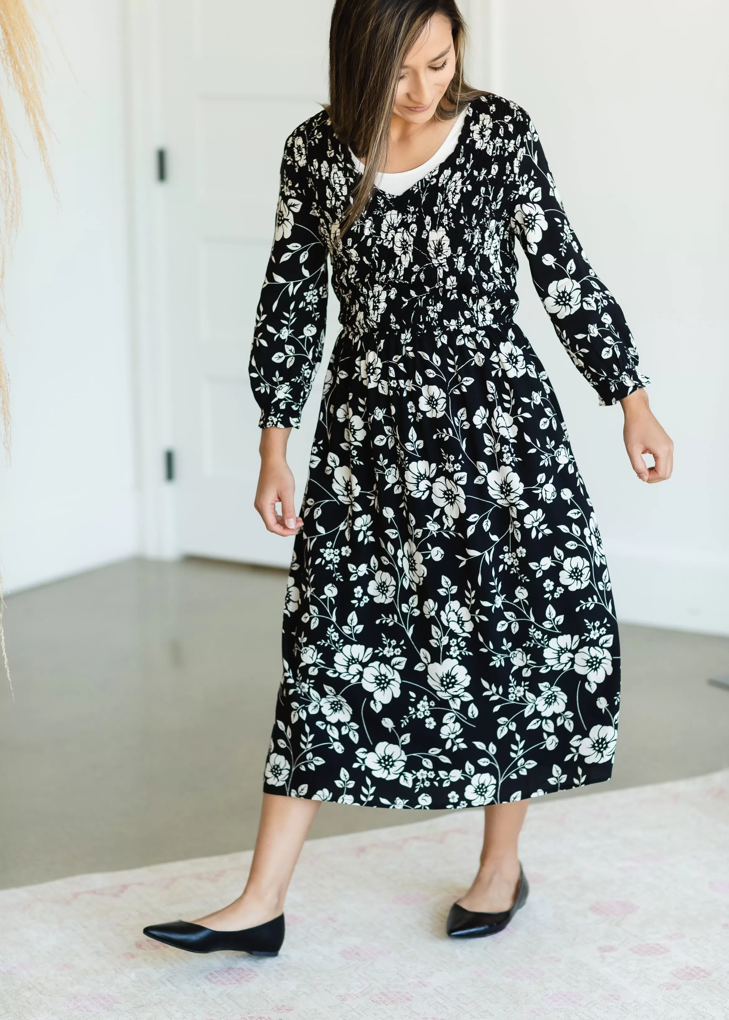 Black Smocked Floral Midi Dress - FINAL SALE