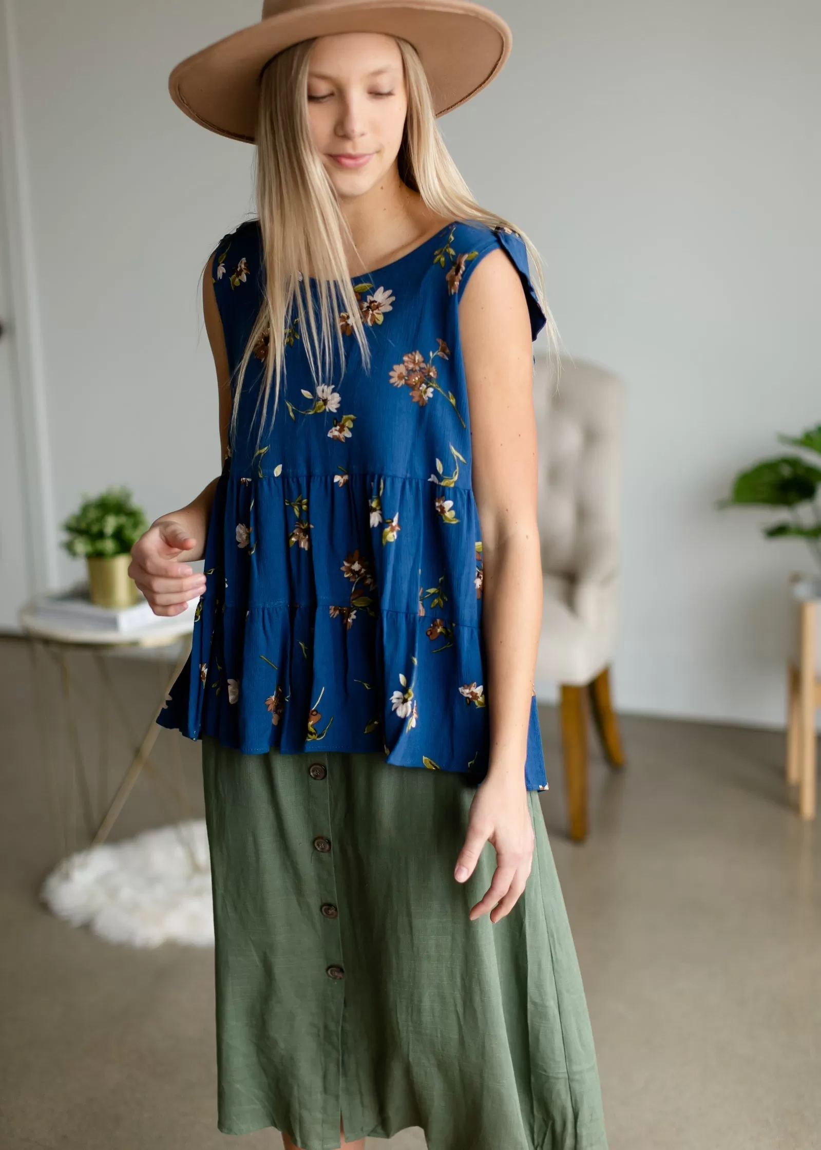 Blue Floral Tie Shoulder Top - FINAL SALE