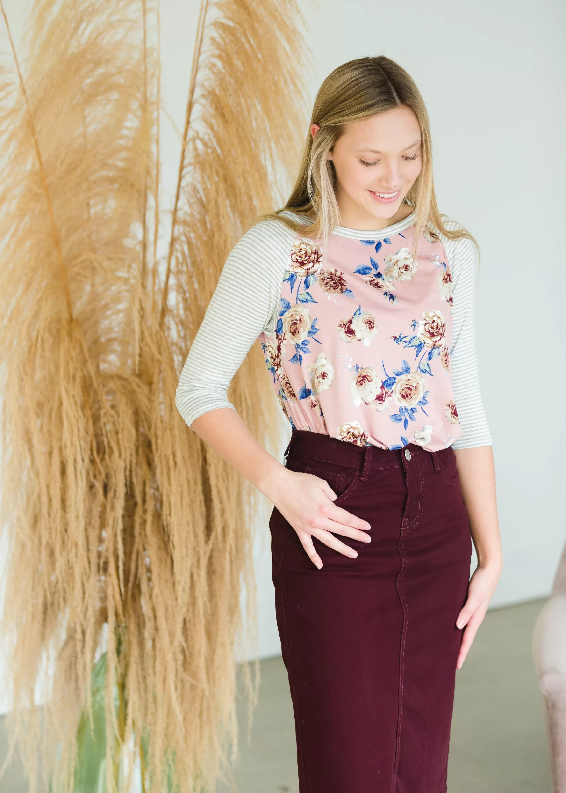 Blush Floral   Pin Striped Top - FINAL SALE