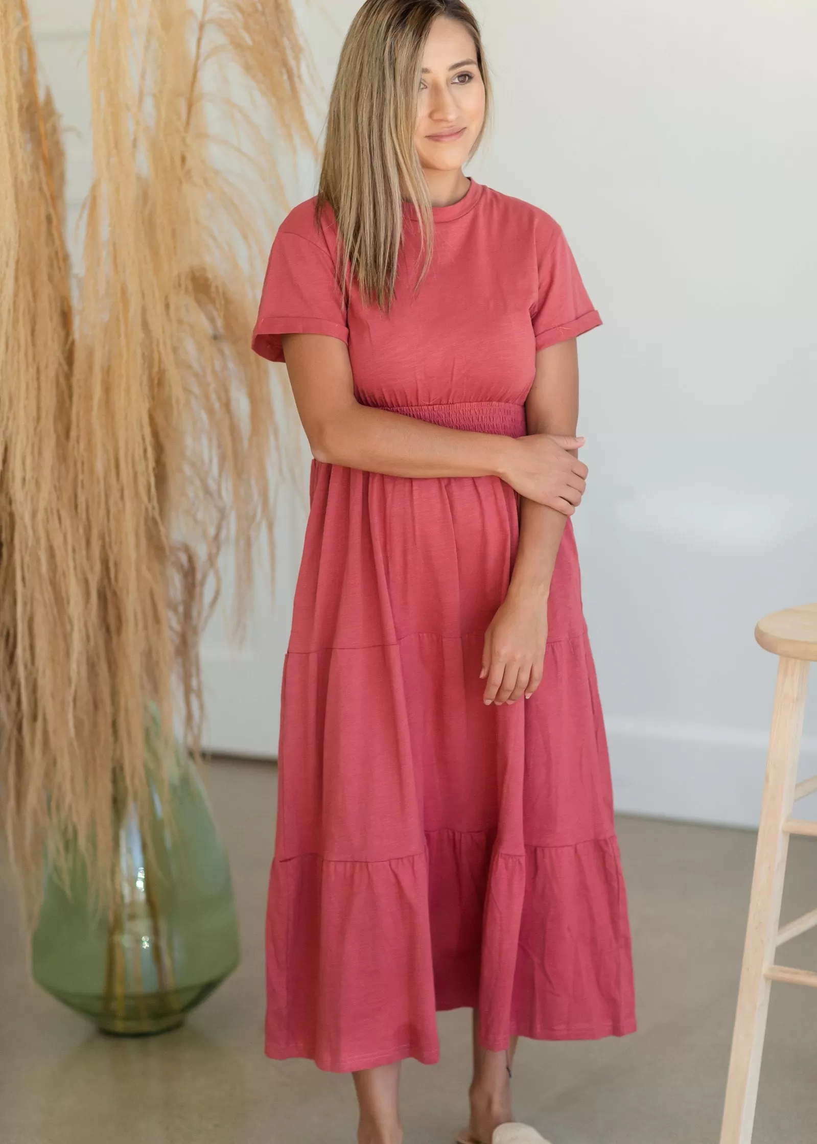 Brick Tiered Rib Knit Cuffed Sleeve Maxi Dress