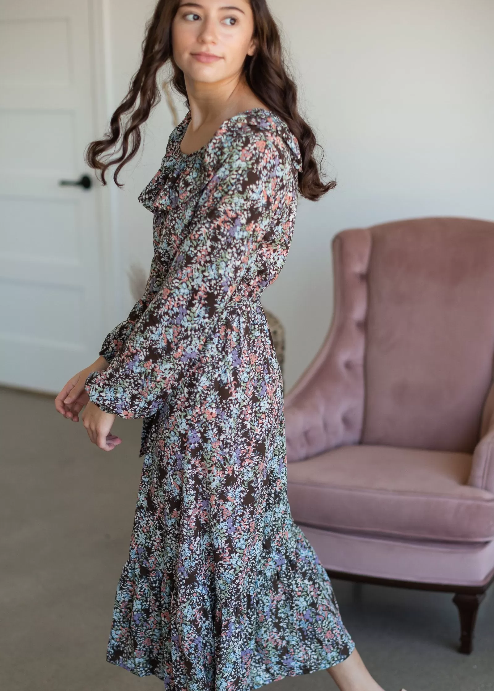 Brown Botanical Print Belted Dress - FINAL SALE