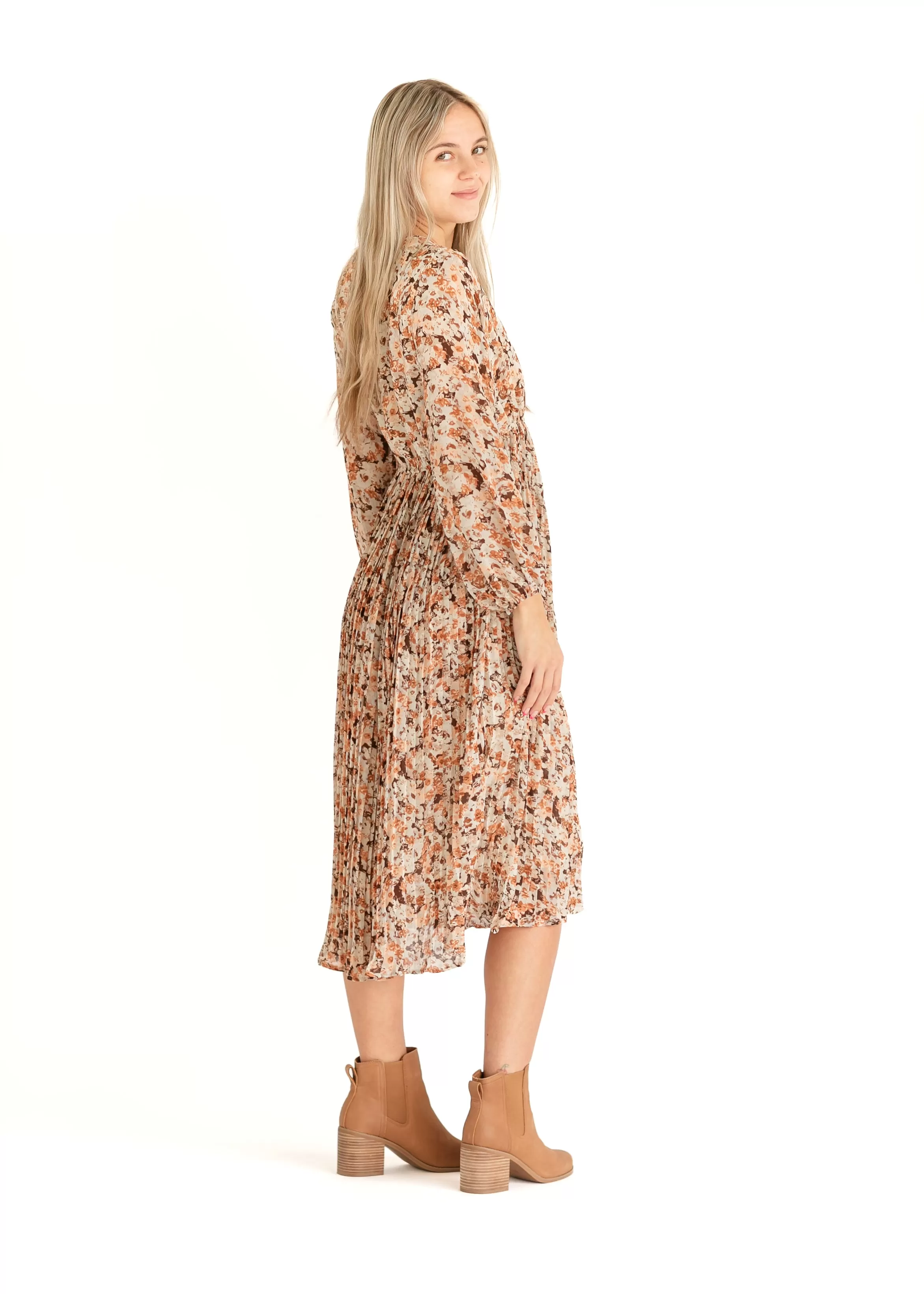 Brown Floral Pleated Midi Dress