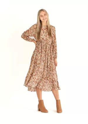 Brown Floral Pleated Midi Dress