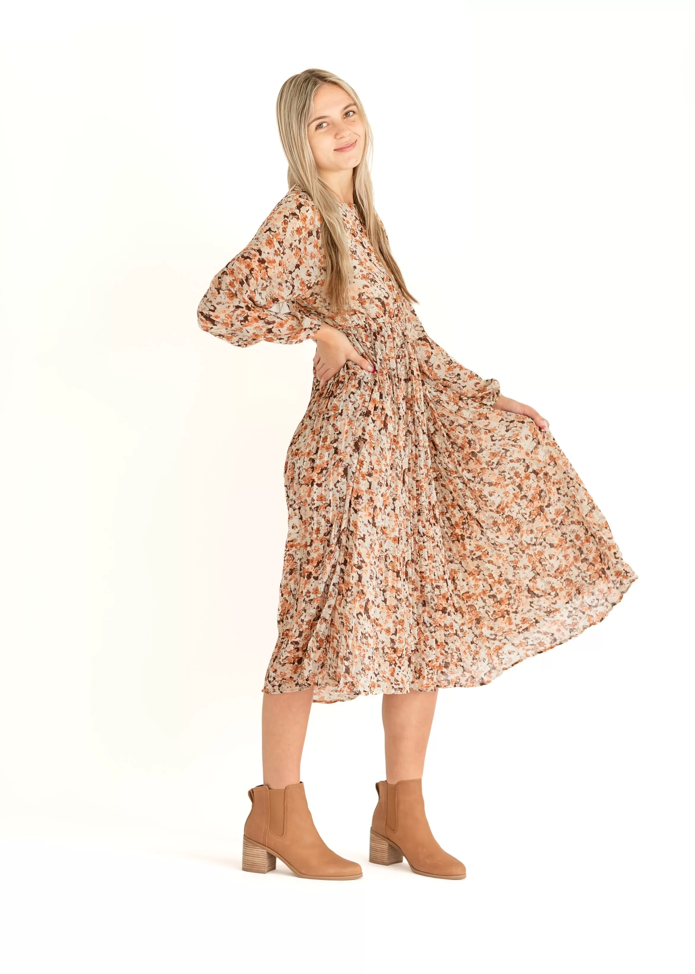 Brown Floral Pleated Midi Dress