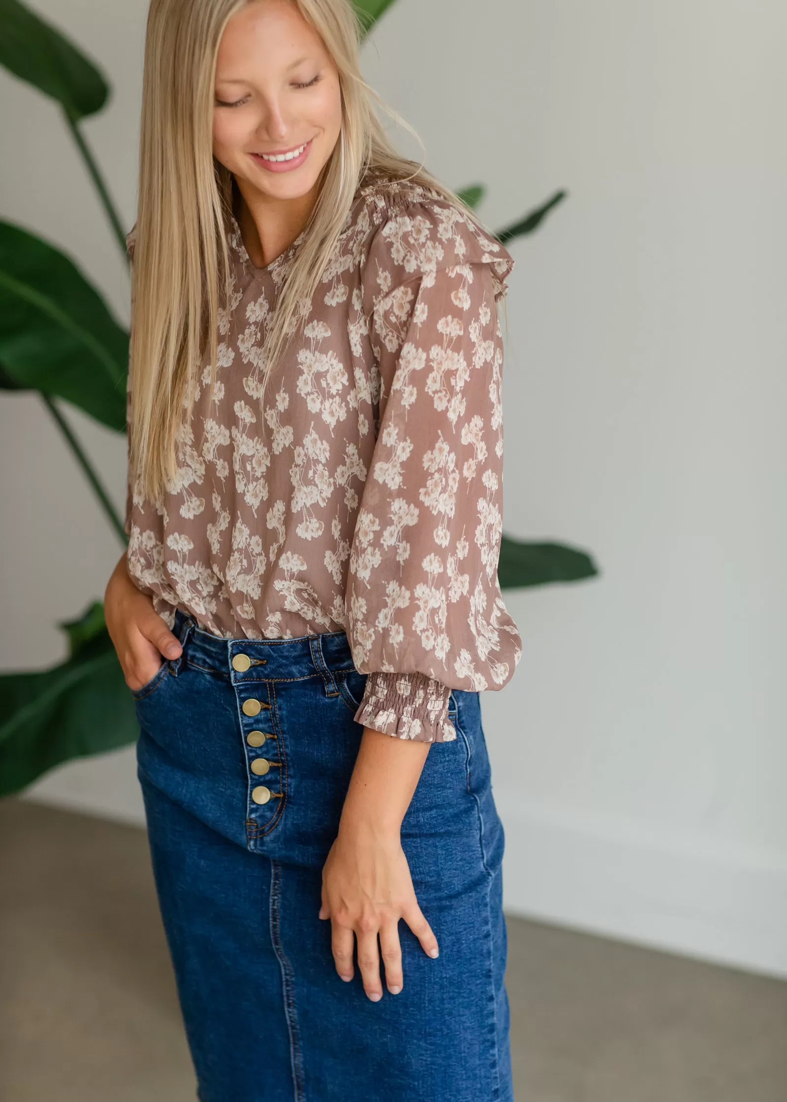 Brown Floral Smocked Blouse - FINAL SALE