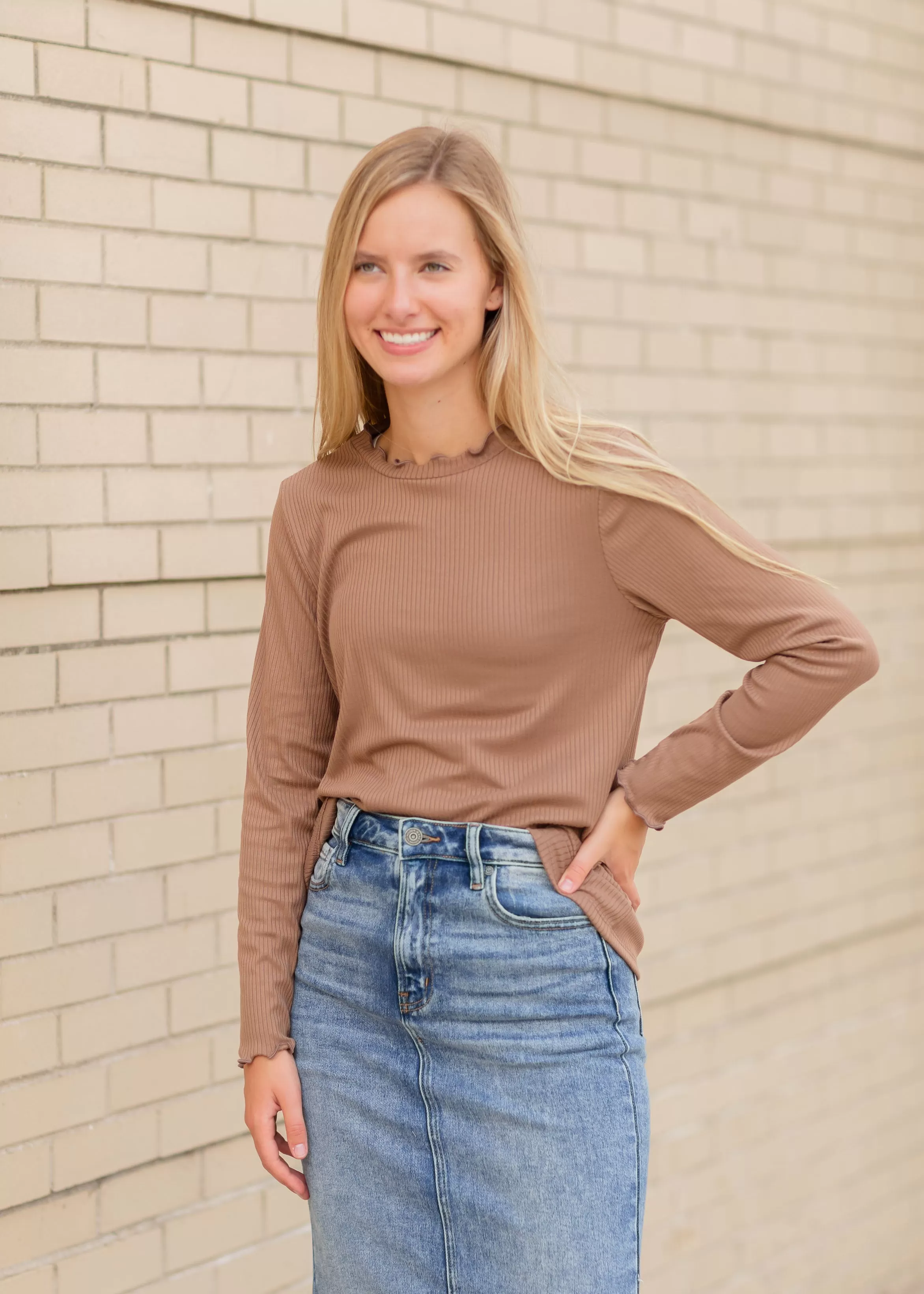 Brown Ruffle Neck Top - FINAL SALE