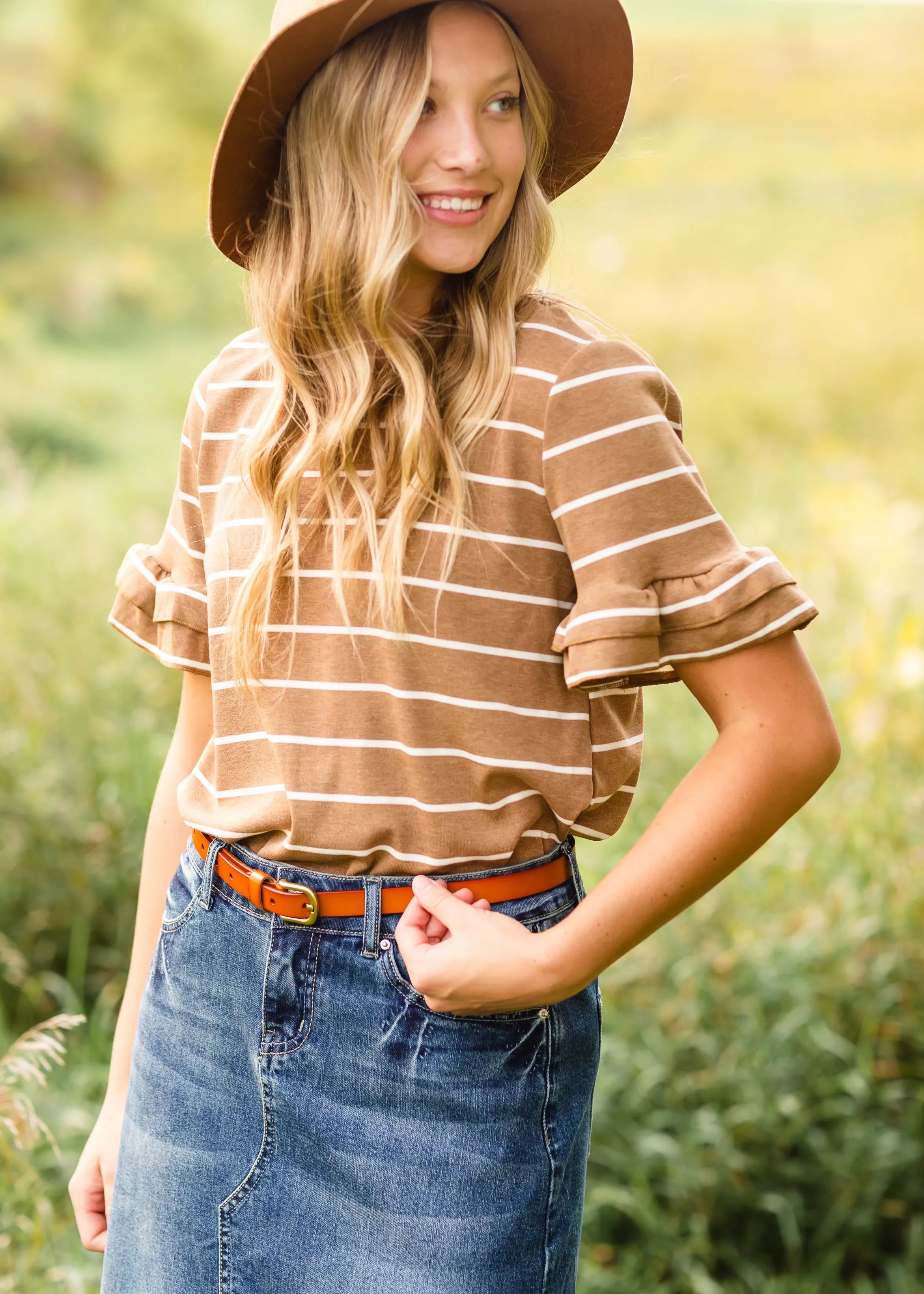 Brown Striped Short Sleeve Top - FINAL SALE