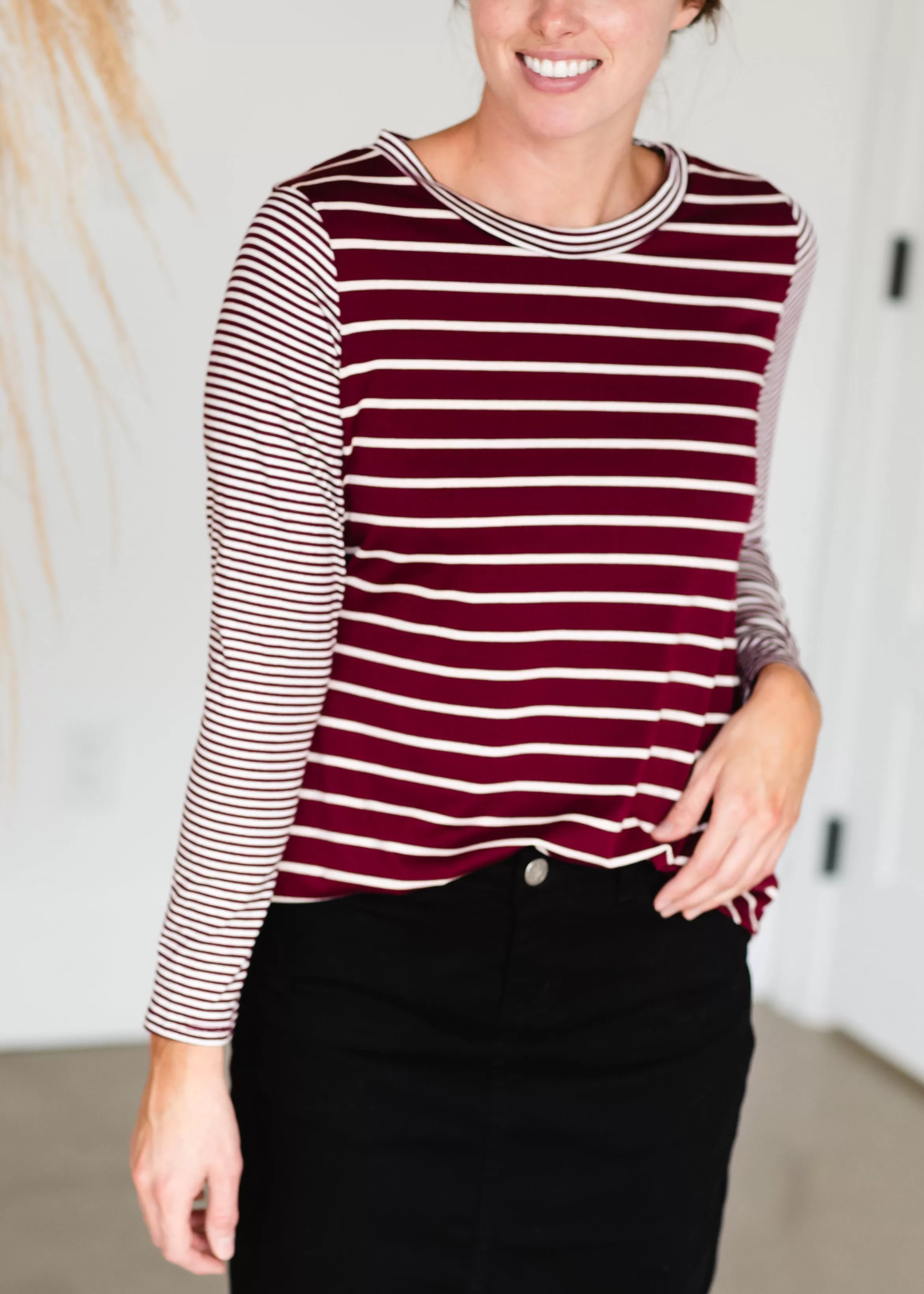 Burgundy Mixed Striped Long Sleeve Top - FINAL SALE