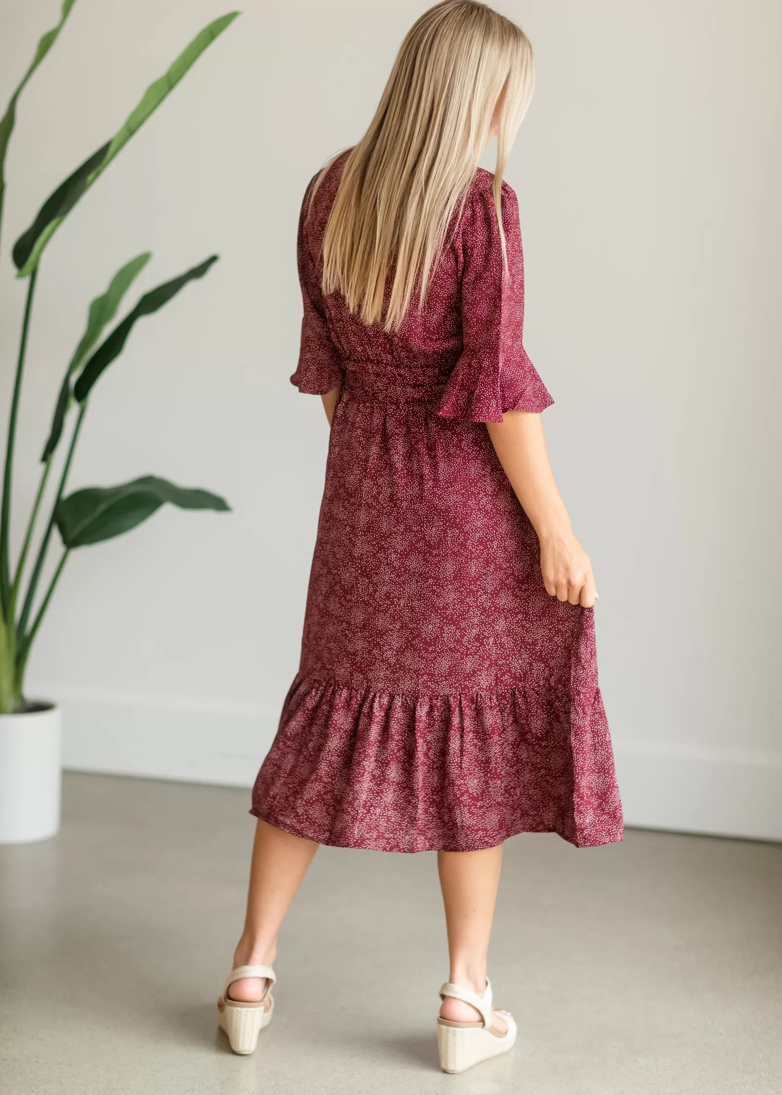 Burgundy Patterned Flouncy Midi Dress - FINAL SALE