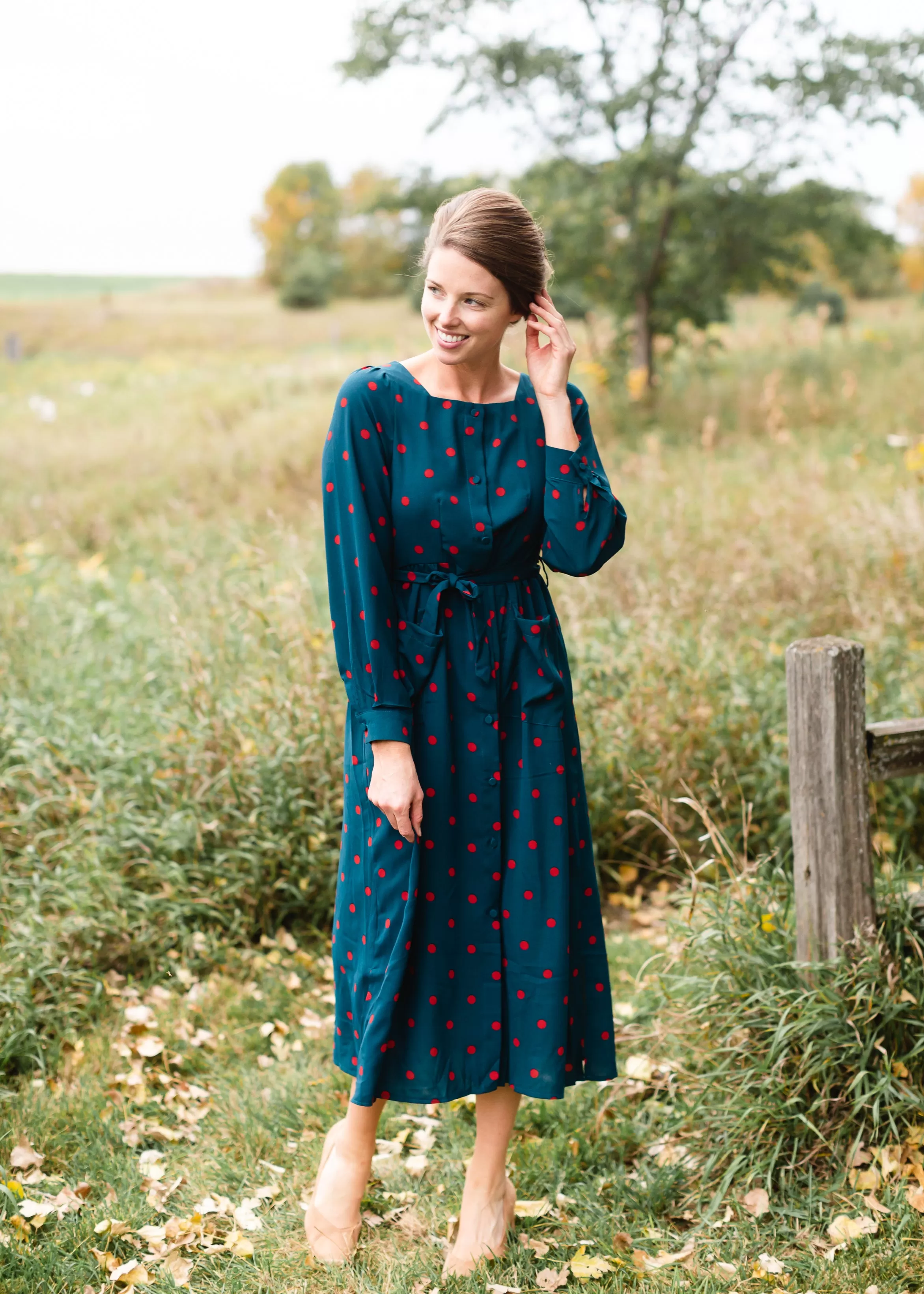 Button Front Tie Waist Polka Dot Midi Dress - FINAL SALE