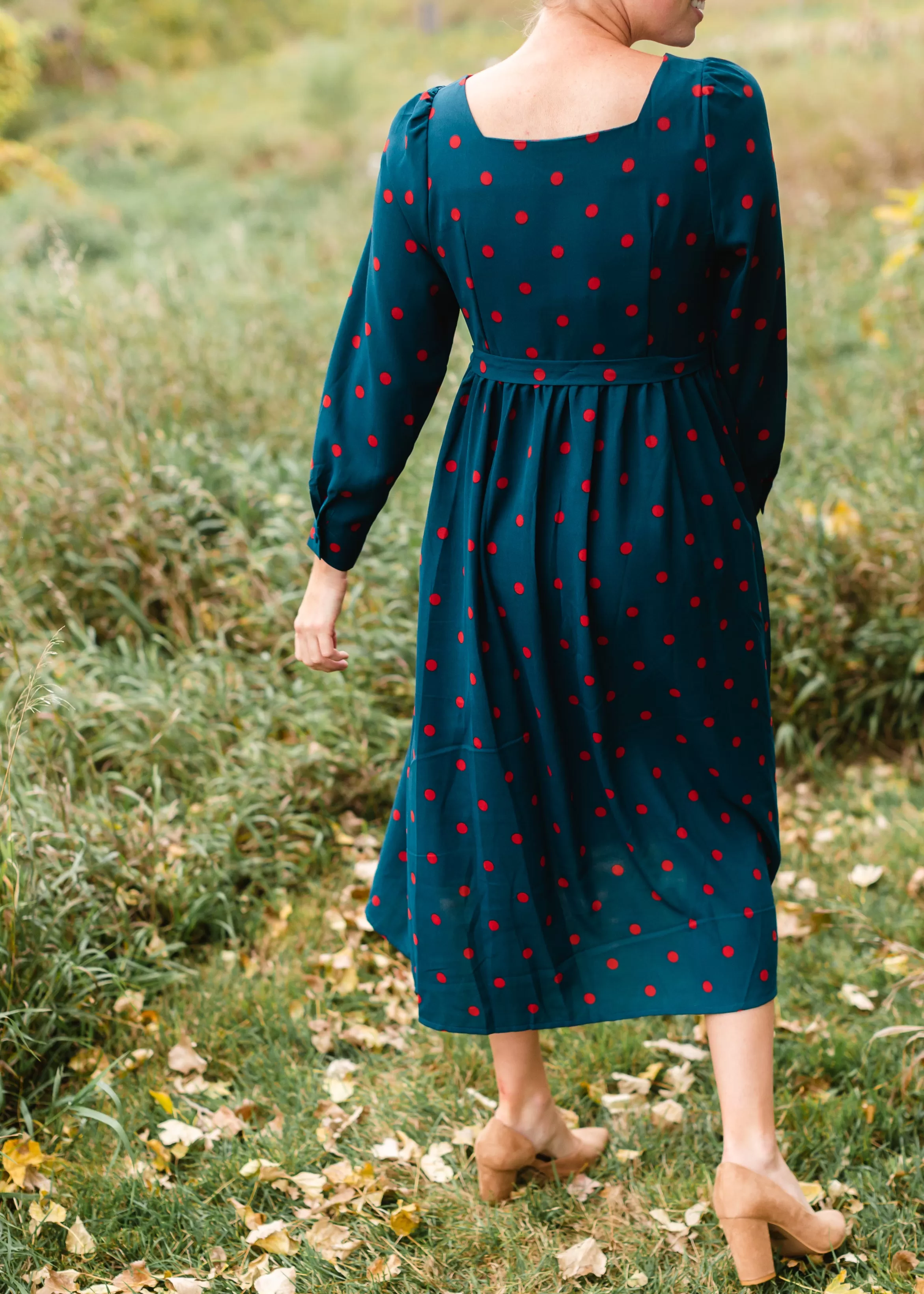 Button Front Tie Waist Polka Dot Midi Dress - FINAL SALE