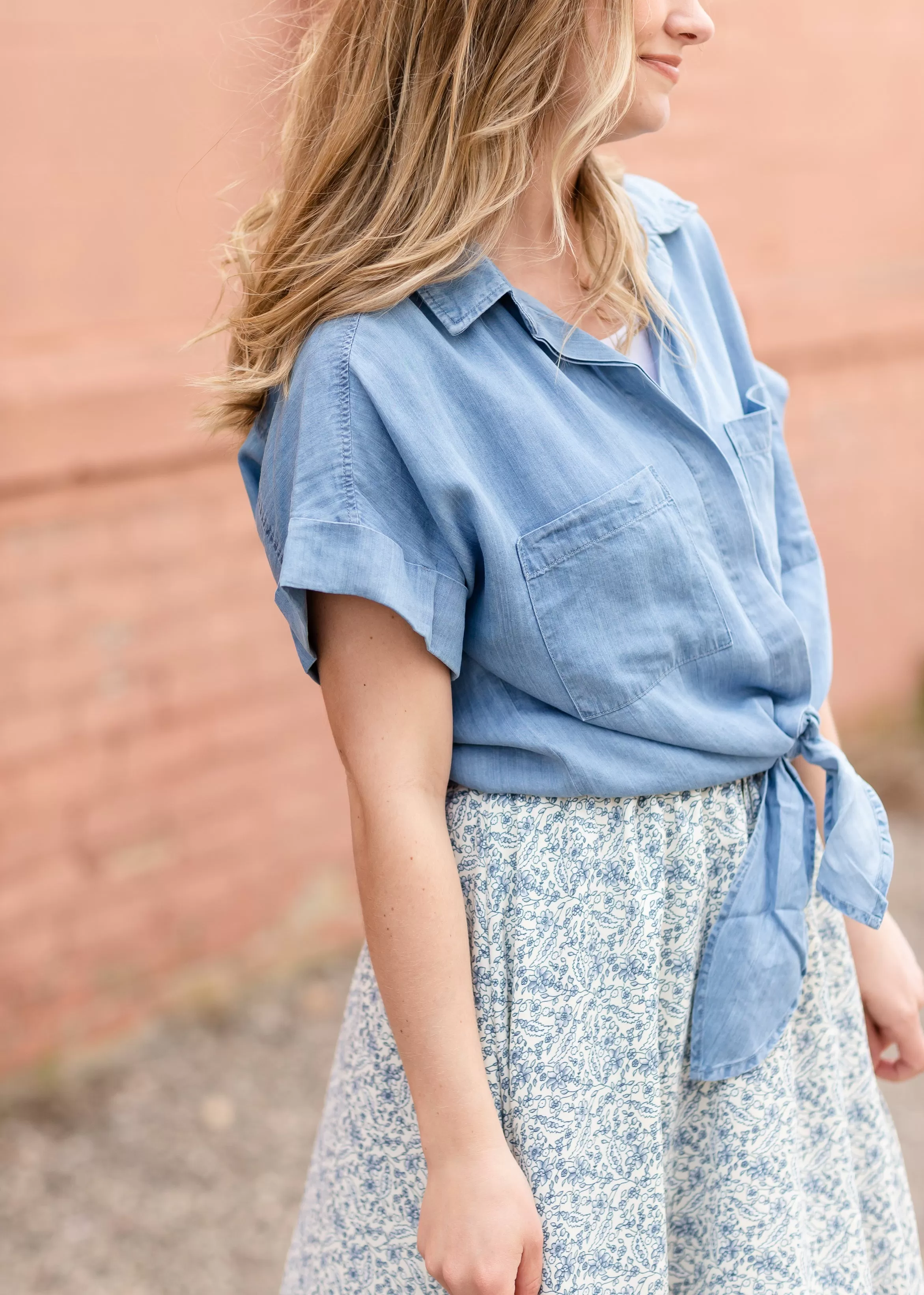 Button Up Chambray Short Sleeve Tie Front Shirt