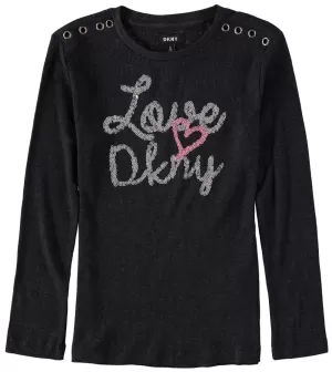 DKNY Girls 7-16 Grommet Long Sleeve Sequin Logo Shirt