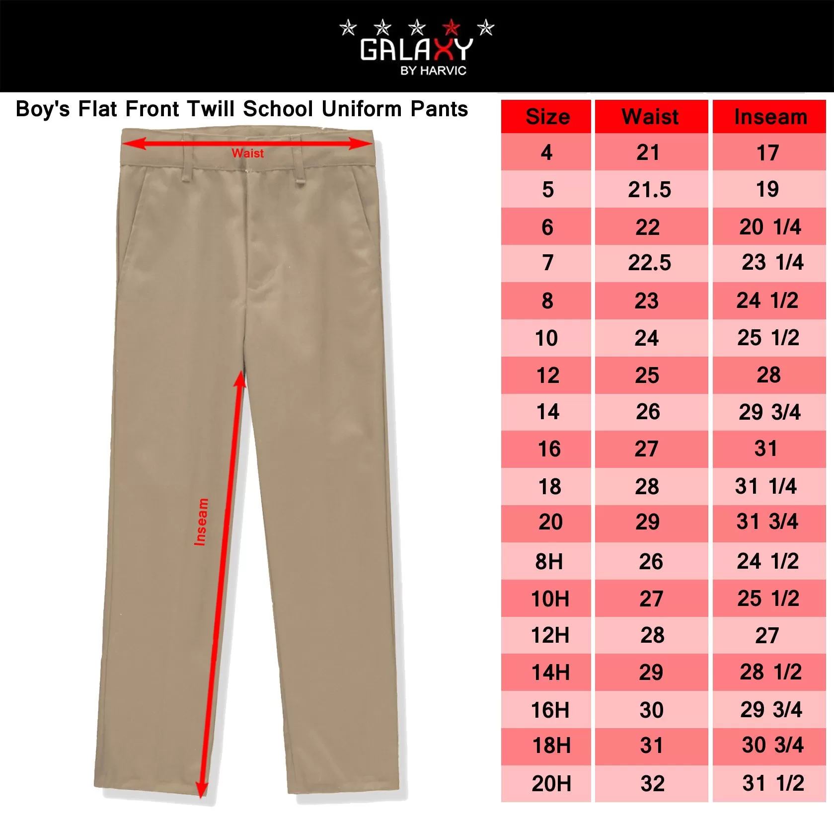 Galaxy Boys 8-20 Flat Front School Uniform Pants, Husky