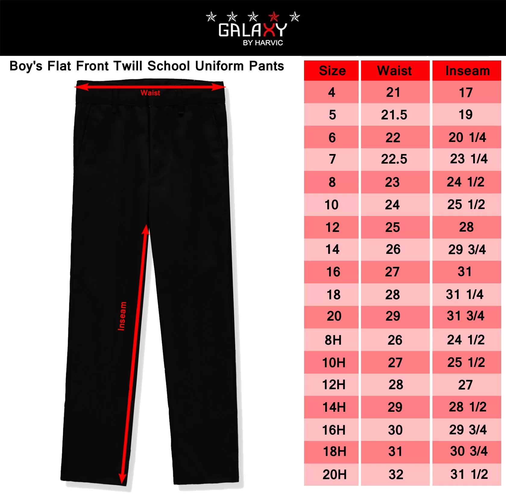 Galaxy Boys 8-20 Flat Front School Uniform Pants, Husky