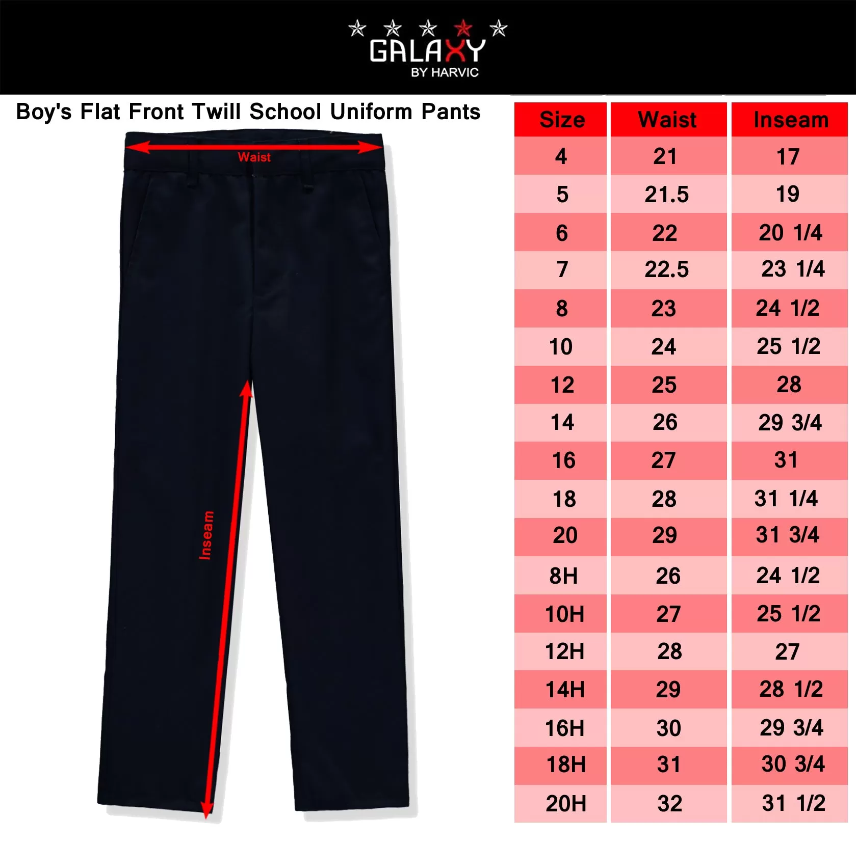 Galaxy Boys 8-20 Flat Front School Uniform Pants, Husky