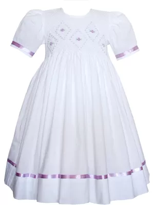 Girls Classic White Smocked Dress and Lavender Ribbons