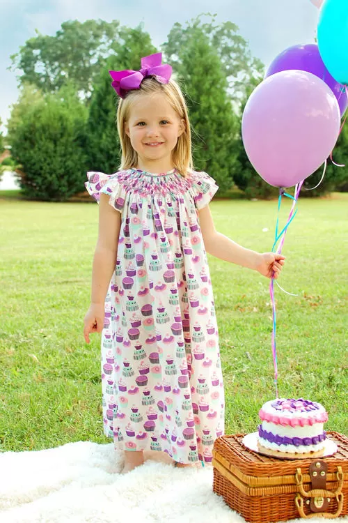 Girls Cupcake Birthday Dress Smocked by Hand Bishop Short Sleeves