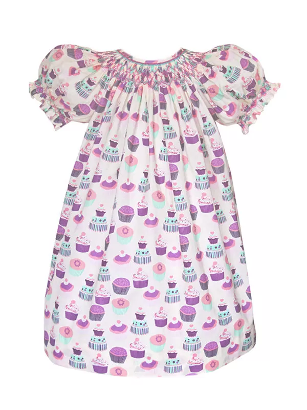 Girls Cupcake Birthday Dress Smocked by Hand Bishop Short Sleeves