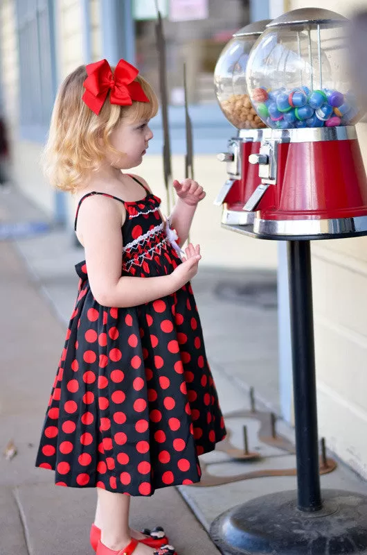 Girls Hand Smocked Summer Dress Black Red Polka Dots