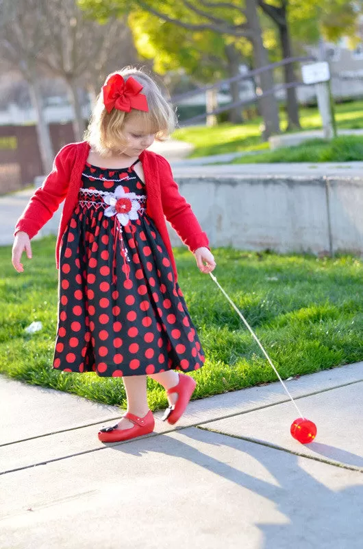 Girls Hand Smocked Summer Dress Black Red Polka Dots