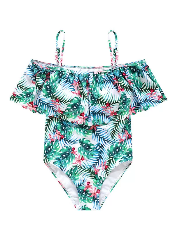 Girls One Piece Floral Swimwear Hawaiian Ruffle Swimsuit