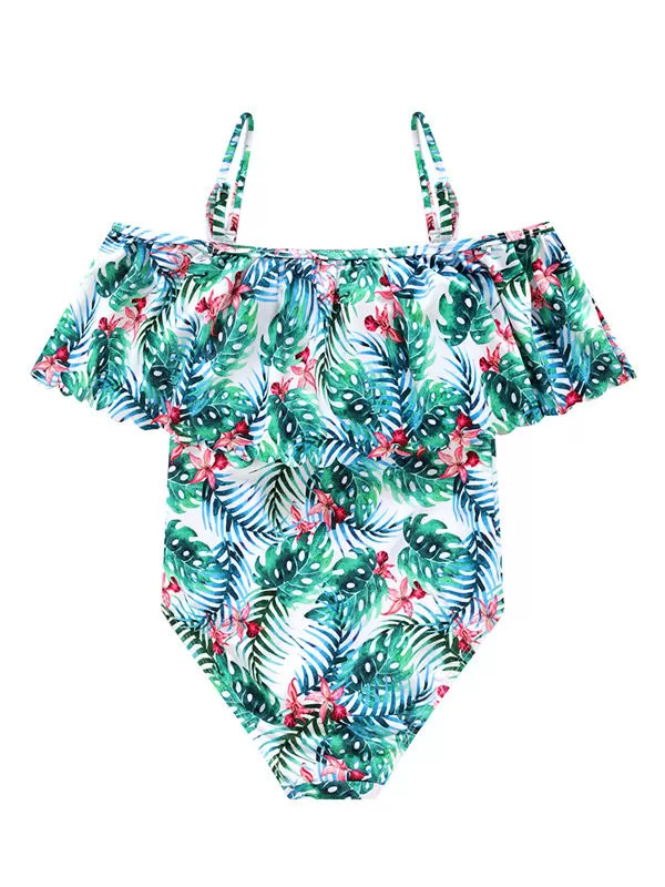 Girls One Piece Floral Swimwear Hawaiian Ruffle Swimsuit