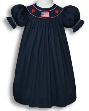 Girls Patriotic Bishop Dress with Smocked Flag