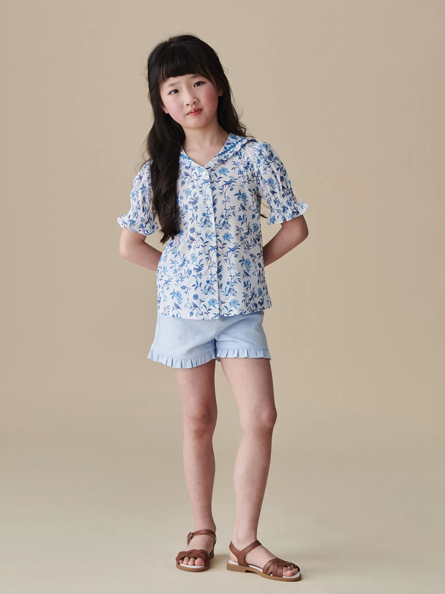 Light Blue Flores Cotton Girl Shorts