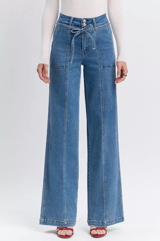 Norah High Rise Waist Tie Wide Leg Jeans Medium Wash