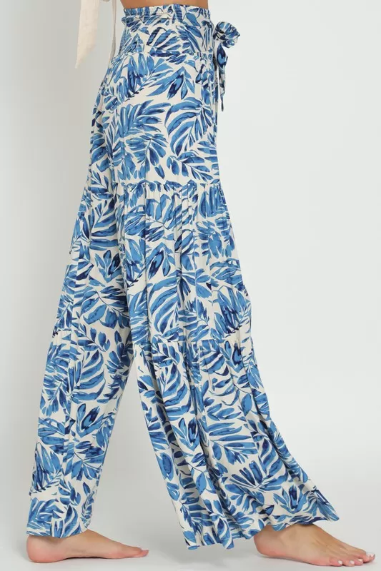 Waitlist 2/15 ♥ Jeanette High Waist Tie Tropical Print Wide Leg Pants Blue