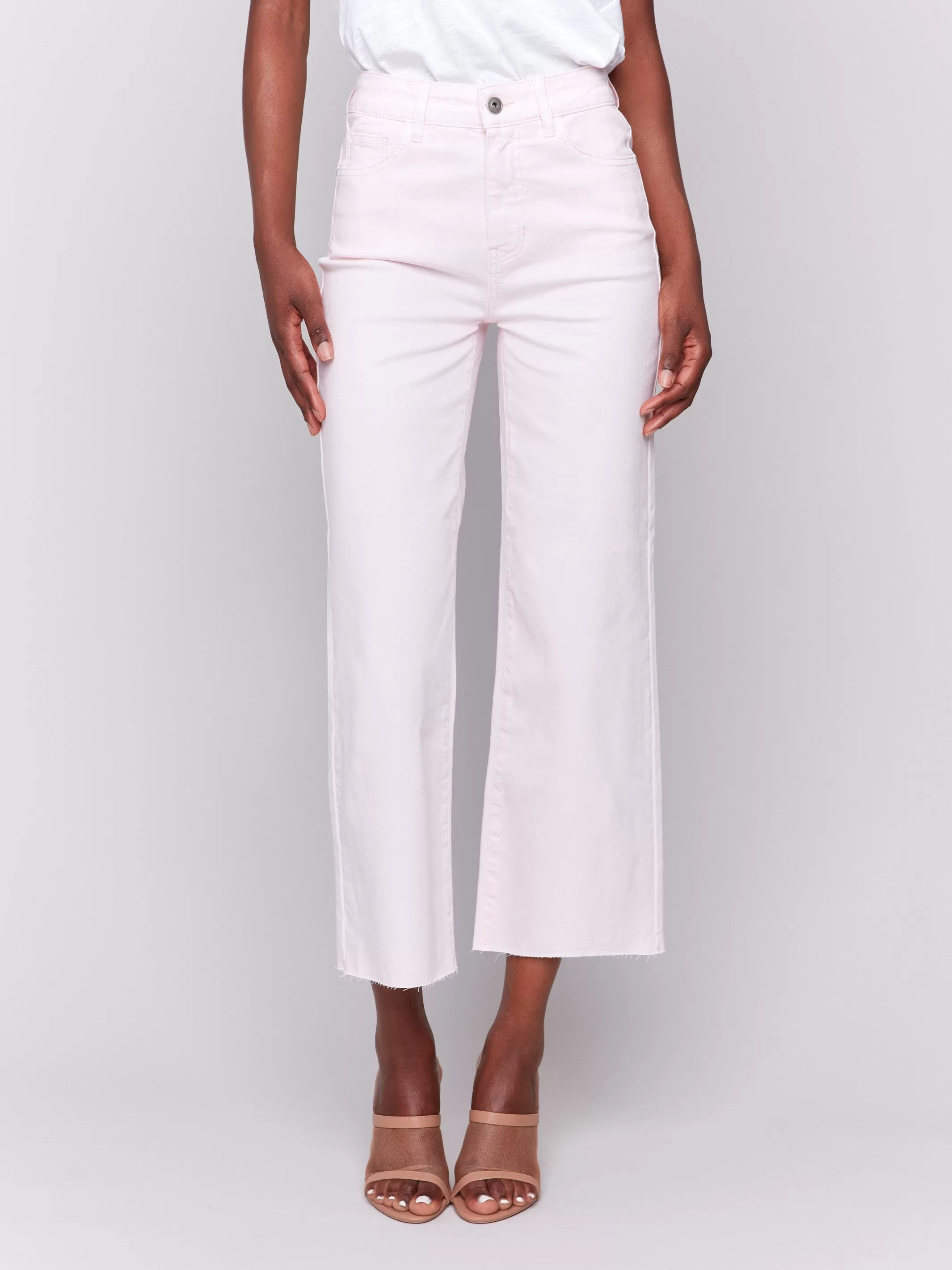 Wide Leg Twill Pants With Raw Edge - Petal