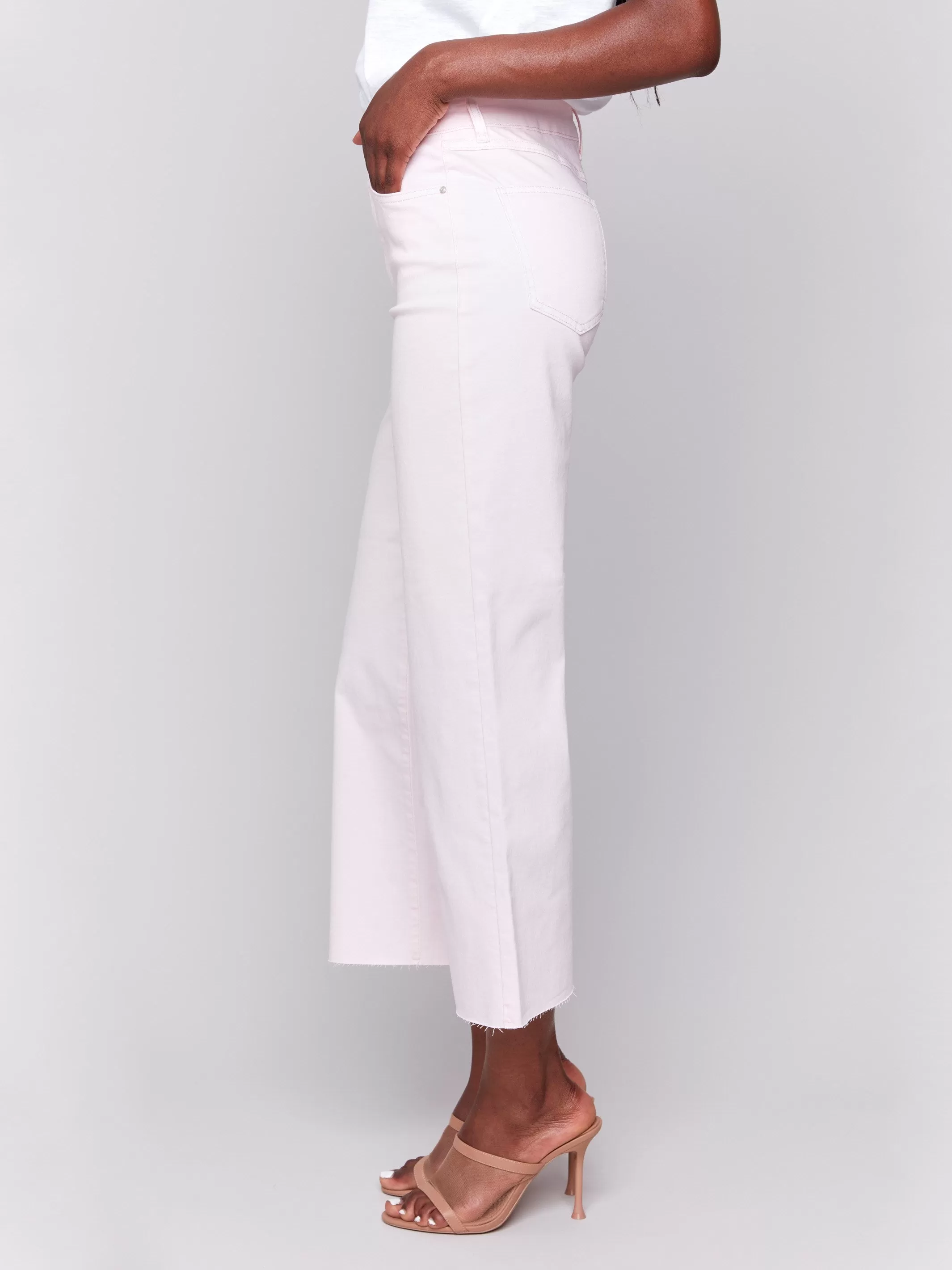 Wide Leg Twill Pants With Raw Edge - Petal